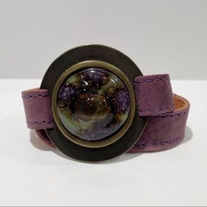 Leather Wrap Bracelet with metal and amethyst disc